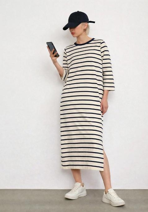 Beige Striped Cotton Dress