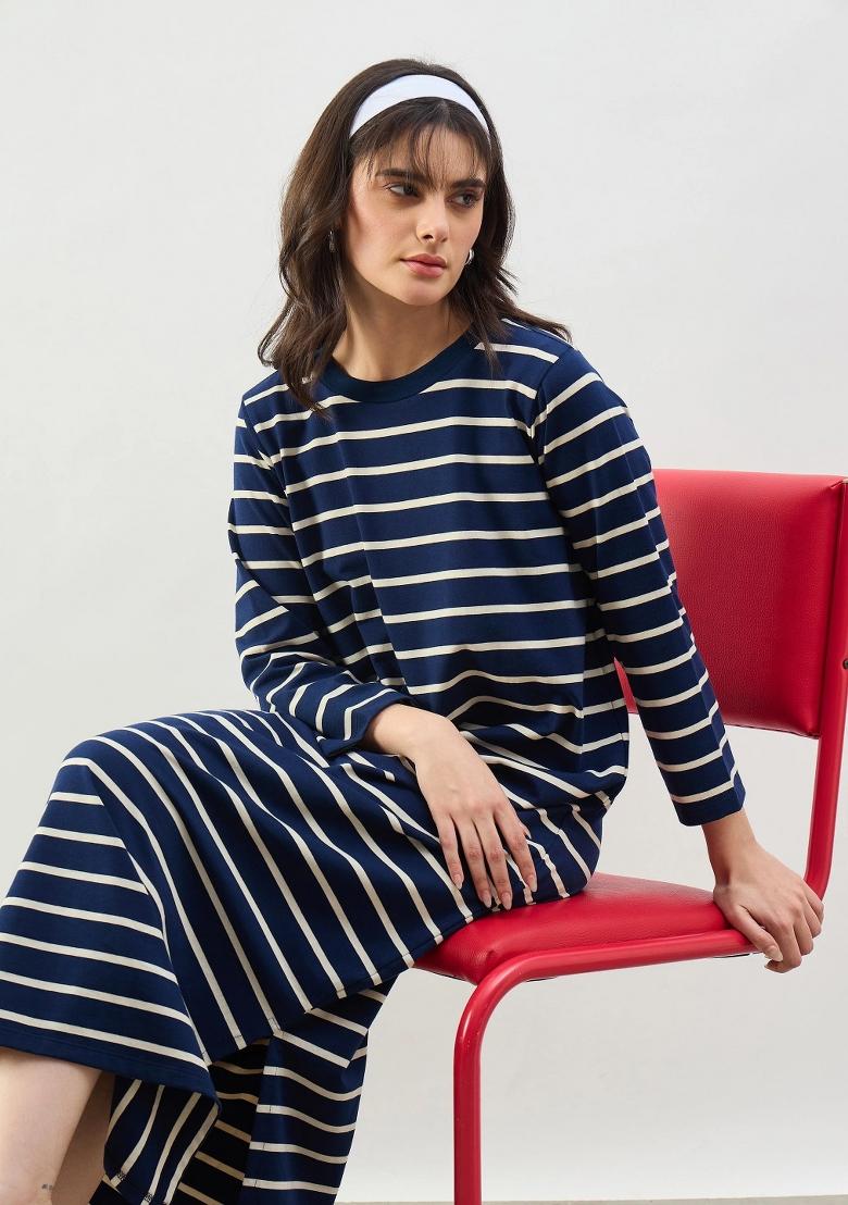 Navy Blue Striped Cotton Dress - Indya