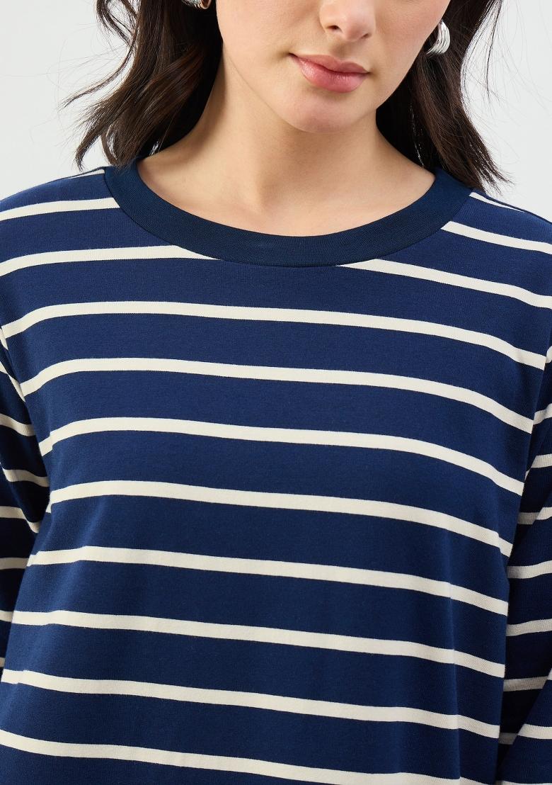 Navy Blue Striped Cotton Dress - Indya