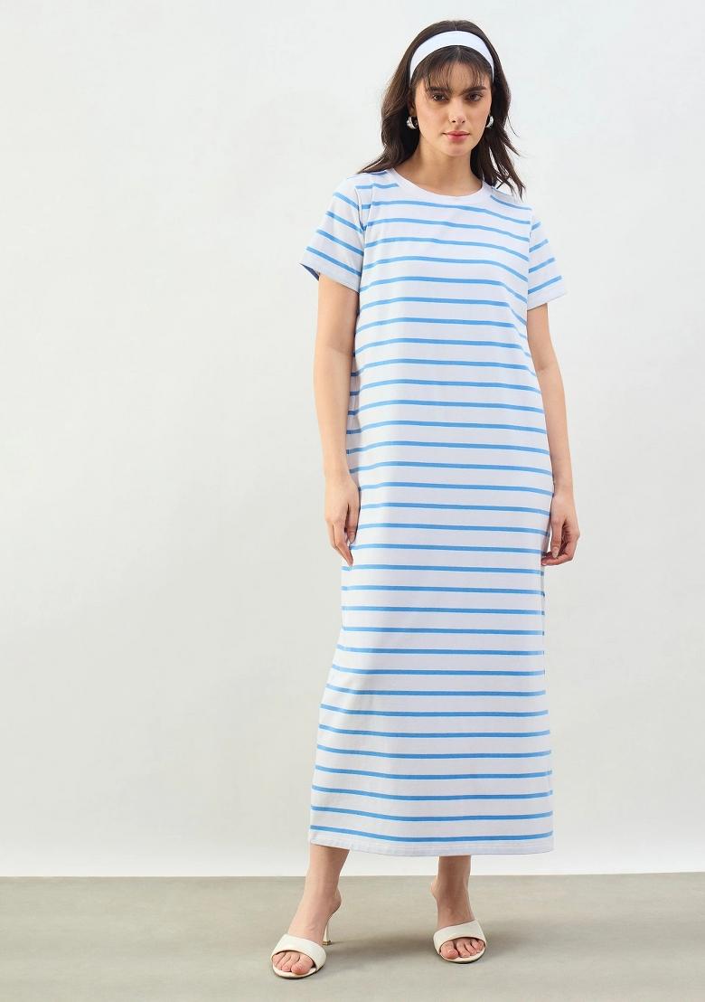 Blue Striped Cotton Dress - Indya
