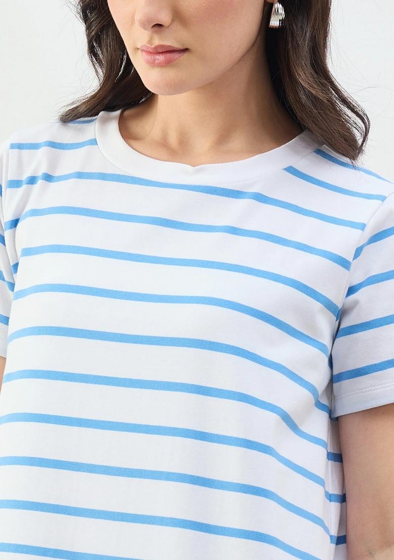 Blue Striped Cotton Dress - Indya