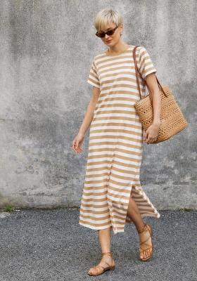 Beige Striped Cotton Dress
