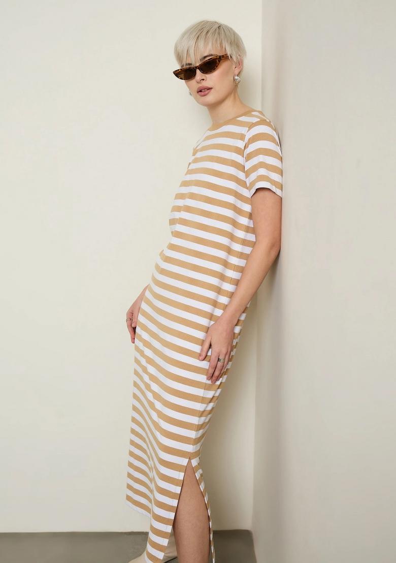 Beige Striped Cotton Dress - Indya