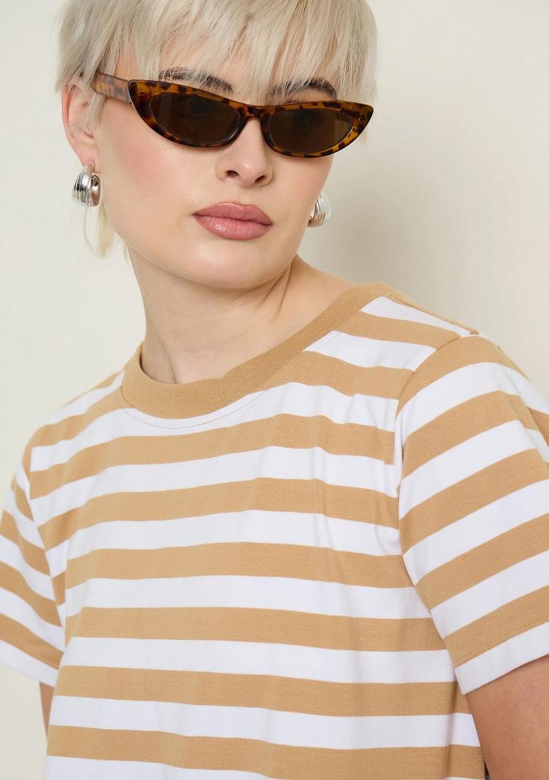 Beige Striped Cotton Dress - Indya