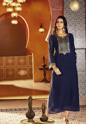 Navy Blue Solid Georgette Ethnic Dress