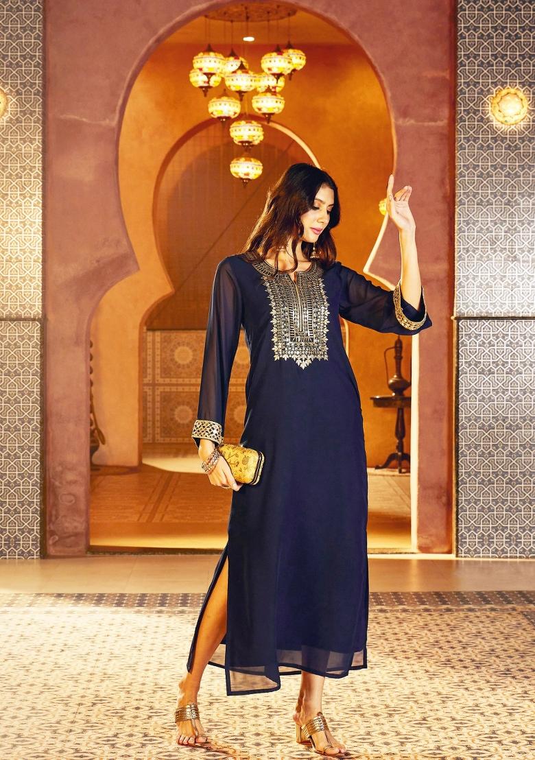 Navy Blue Solid Georgette Ethnic Dress - Indya