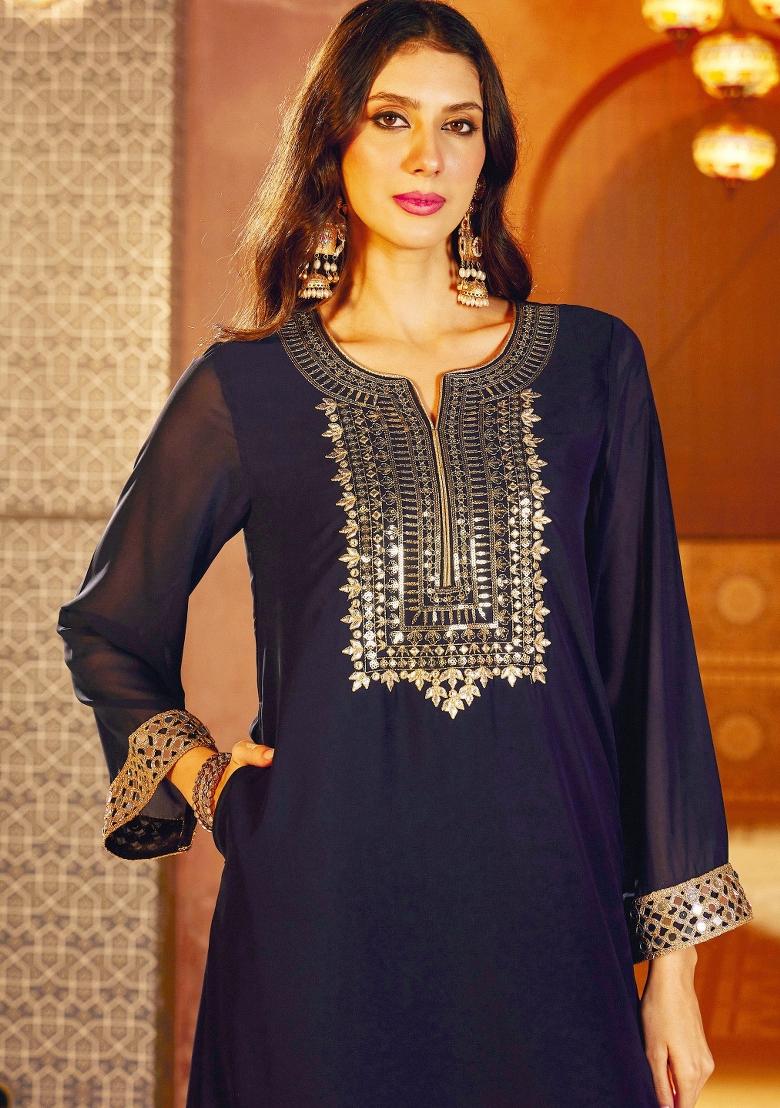 Navy Blue Solid Georgette Ethnic Dress - Indya