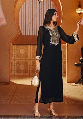 Black Solid Georgette Ethnic Dress