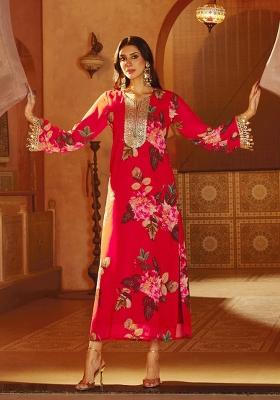 Red Printed Georgette Ethnic Dress