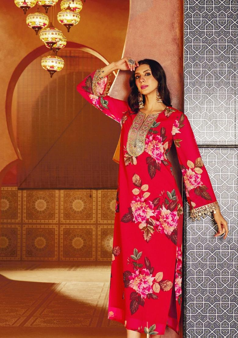 Red Printed Georgette Ethnic Dress - Indya