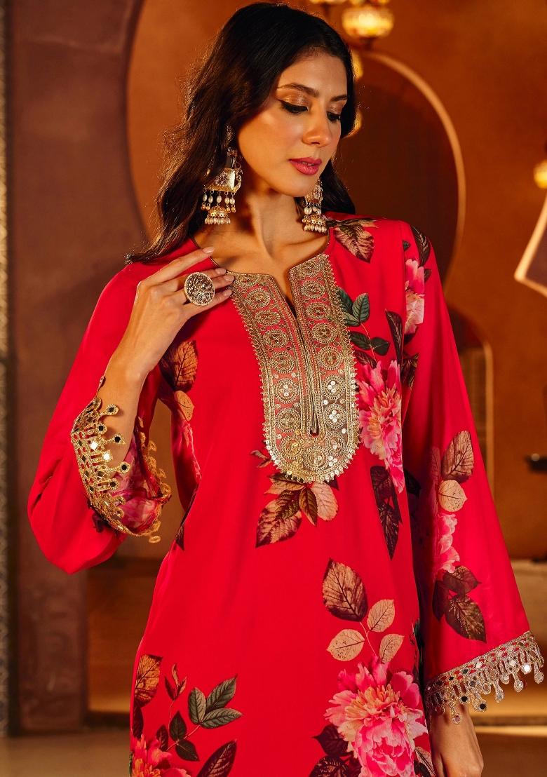 Red Printed Georgette Ethnic Dress - Indya