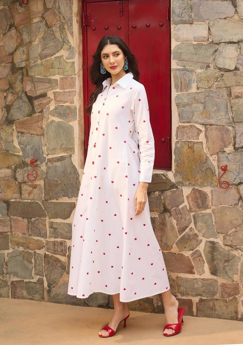 White Printed Poplin Dress - Indya