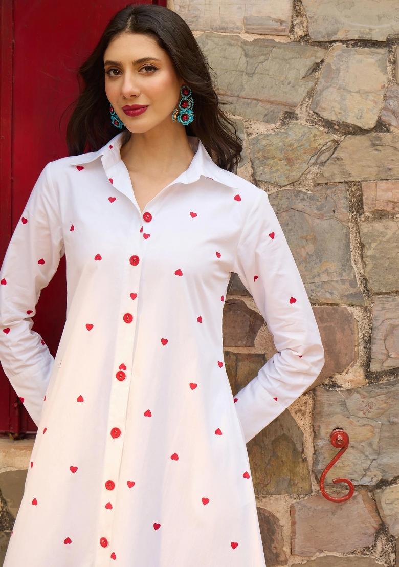 White Printed Poplin Dress - Indya