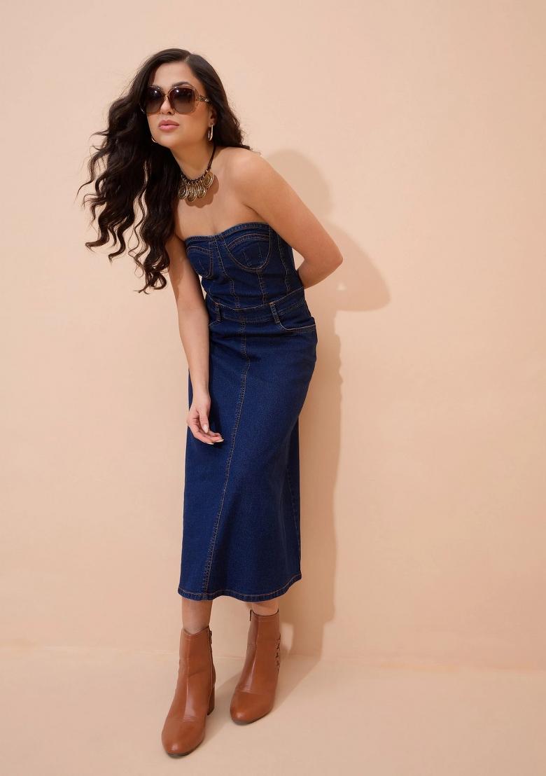 Navy Blue Solid Cotton Dress - Indya
