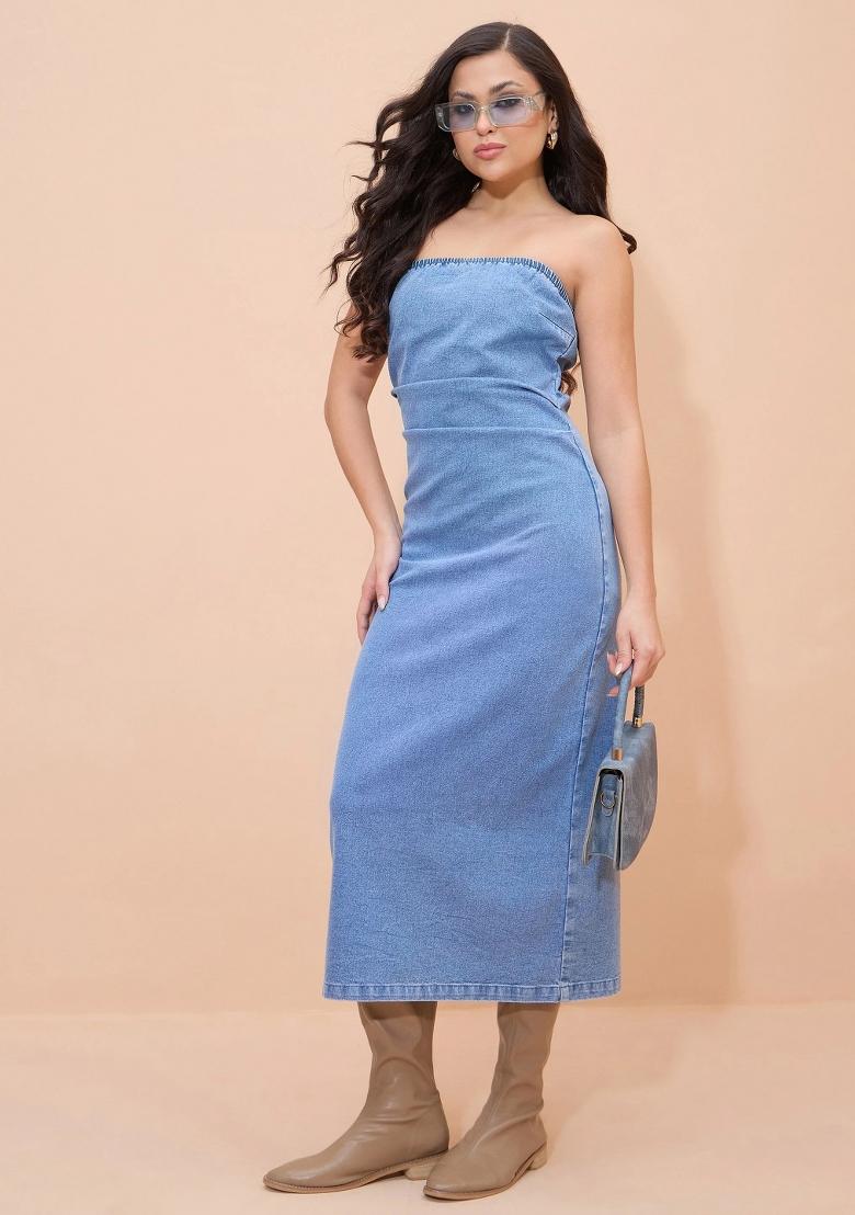 Blue Solid Cotton Dress - Indya
