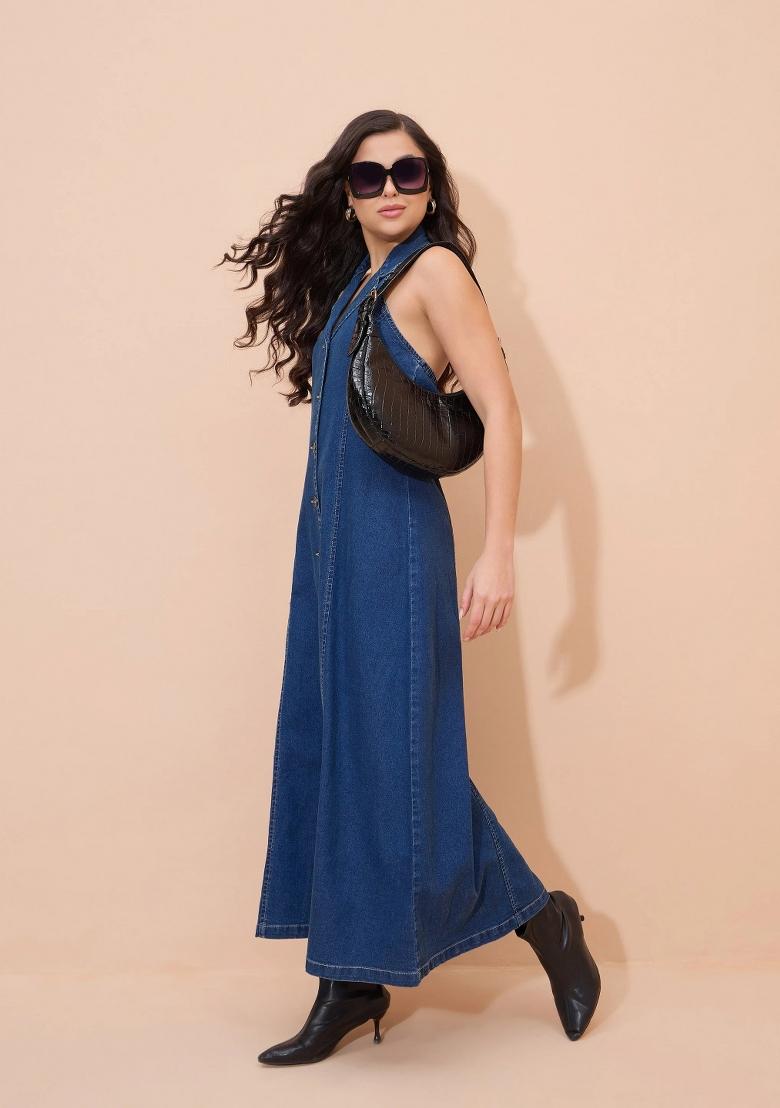Blue Solid Cotton Dress - Indya