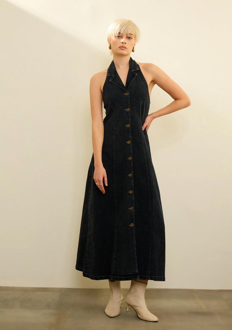 Black Solid Cotton Dress - Indya