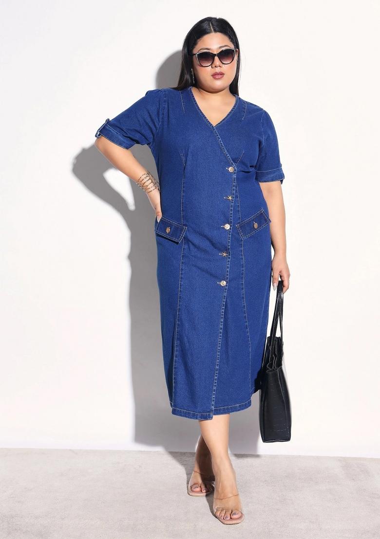 Navy Blue Solid Cotton Dress - Indya