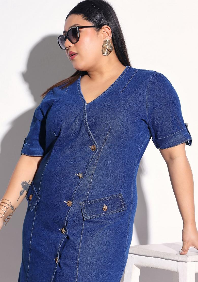 Navy Blue Solid Cotton Dress - Indya