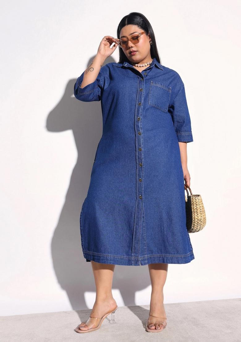 Navy Blue Solid Cotton Dress - Indya