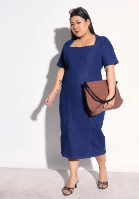 Navy Blue Solid Cotton Dress
