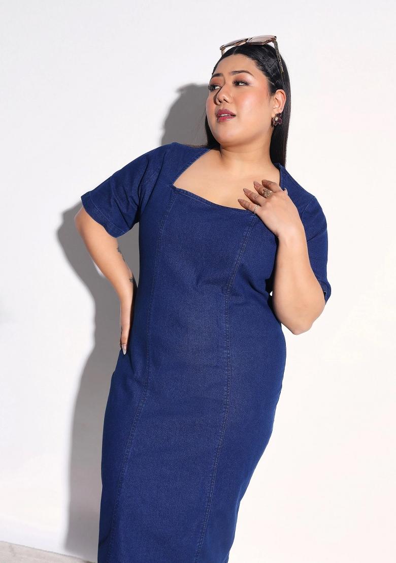 Navy Blue Solid Cotton Dress - Indya