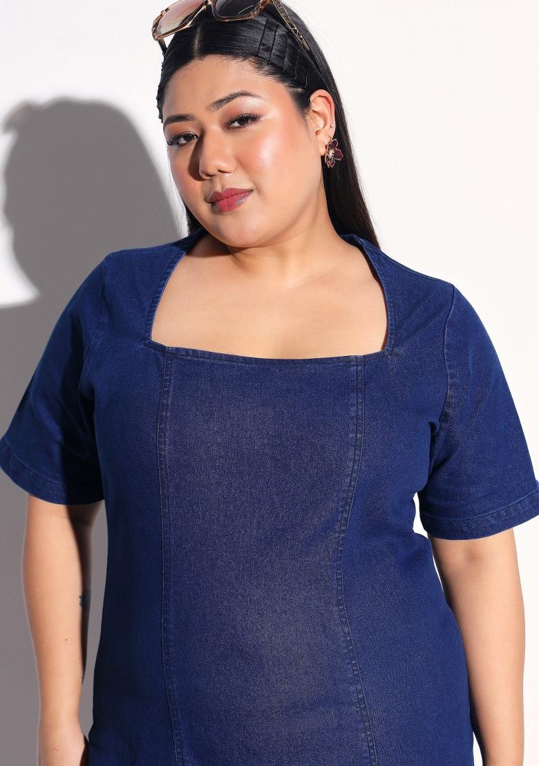 Navy Blue Solid Cotton Dress - Indya