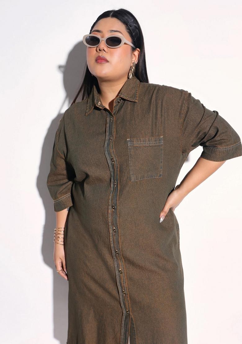 Green Solid Cotton Dress - Indya