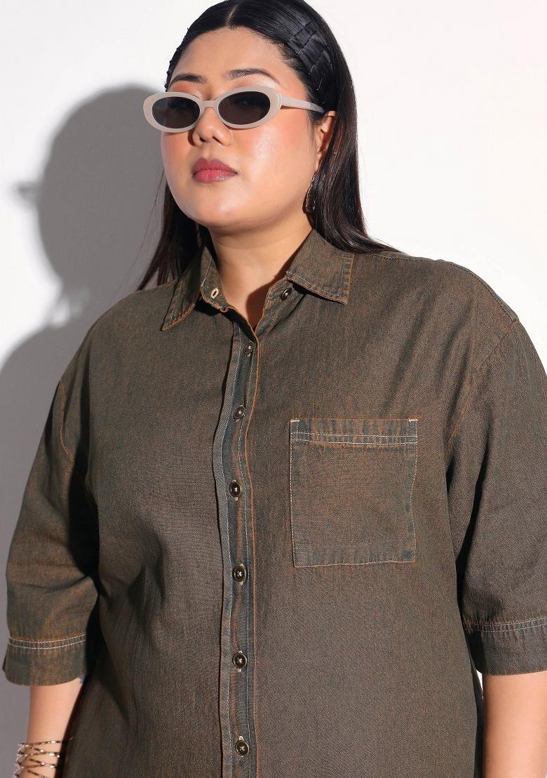 Green Solid Cotton Dress - Indya
