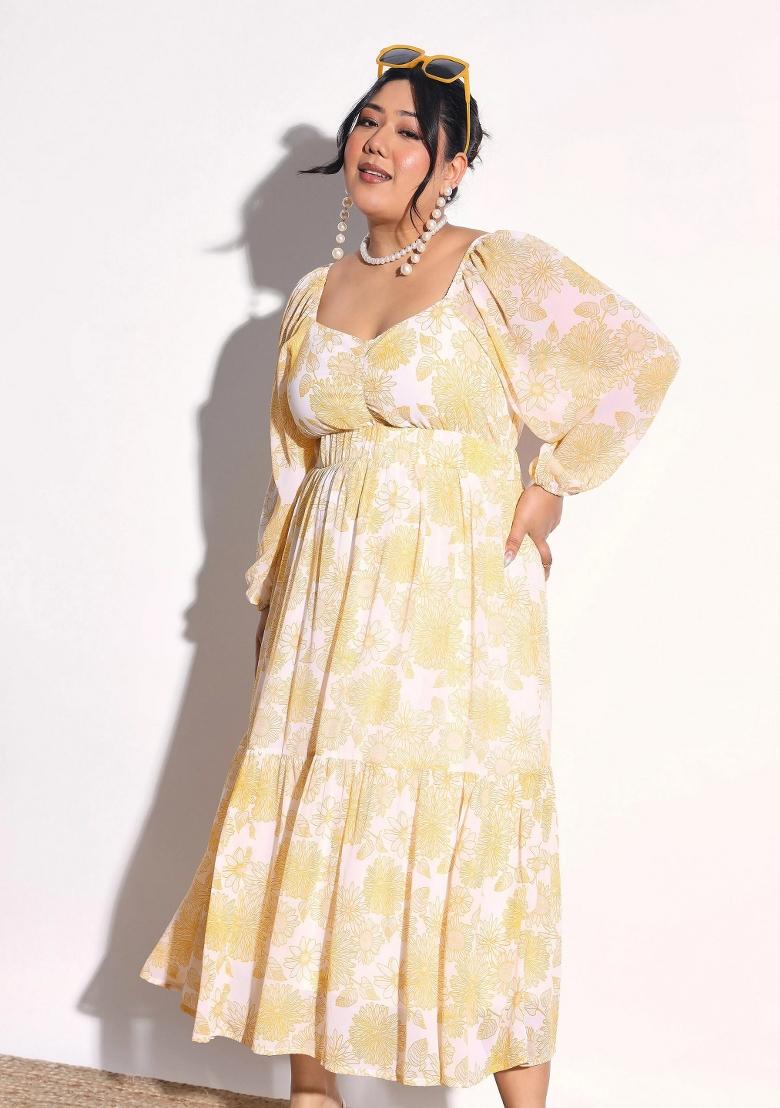 Yellow Printed Georgette Dress - Indya