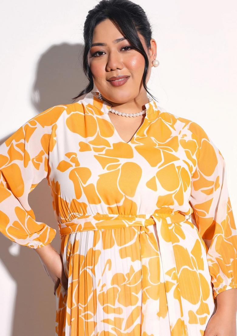 Yellow Printed Georgette Dress - Indya