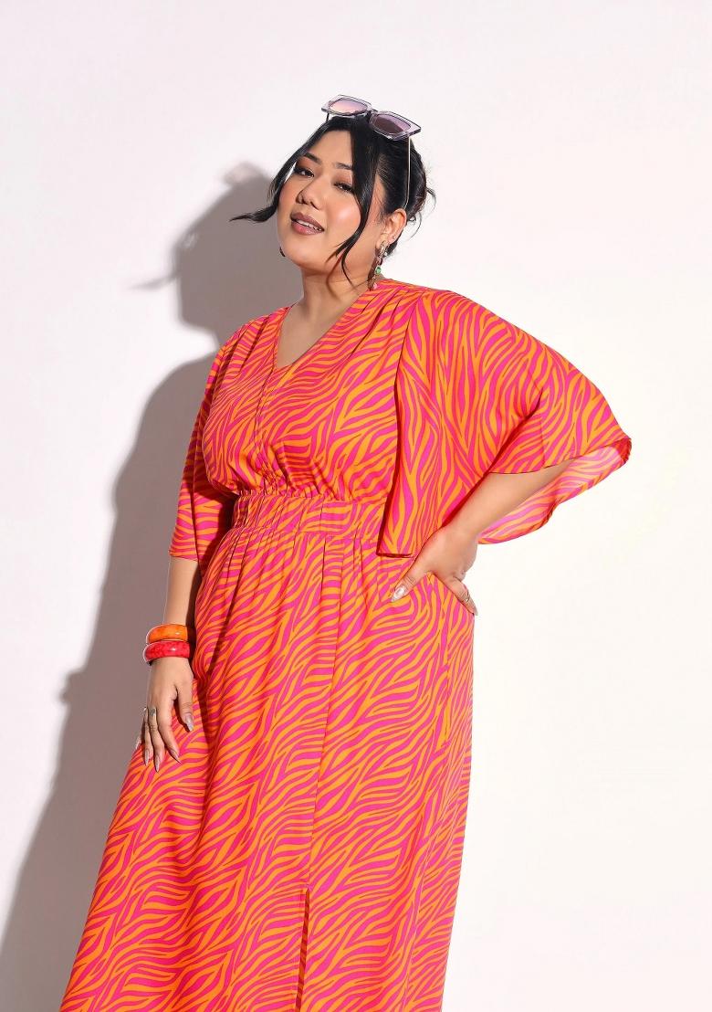 Orange Printed Polyester Dress - Indya