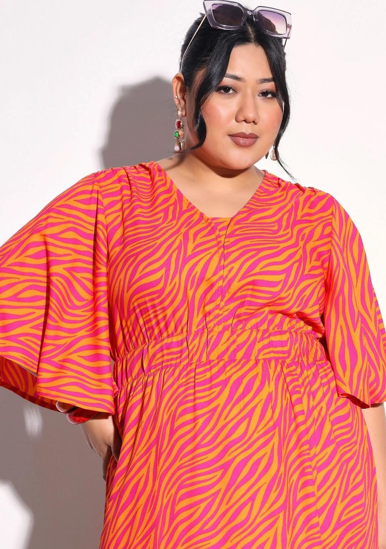 Orange Printed Polyester Dress - Indya