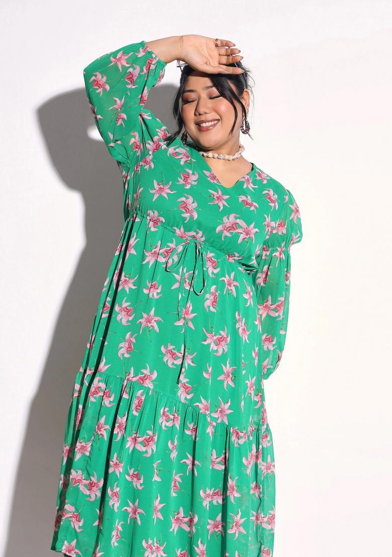 Green Printed Georgette Dress - Indya
