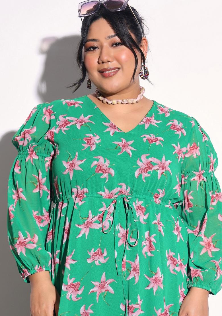 Green Printed Georgette Dress - Indya