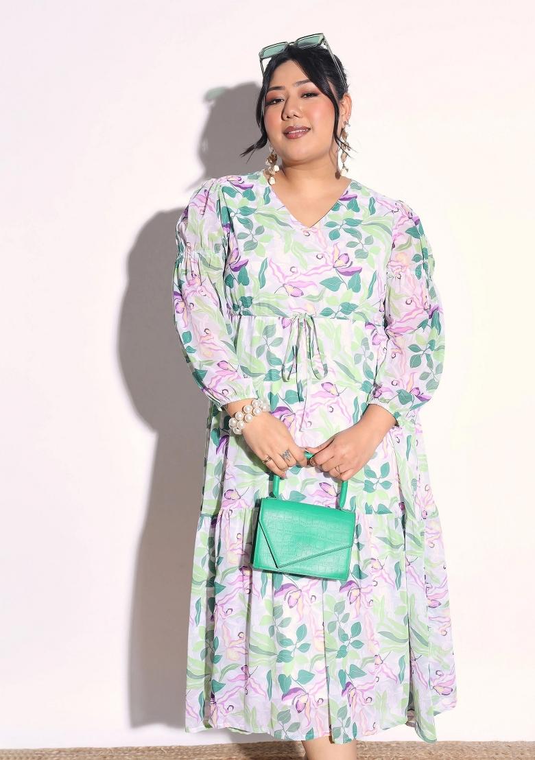 Green Printed Georgette Dress - Indya