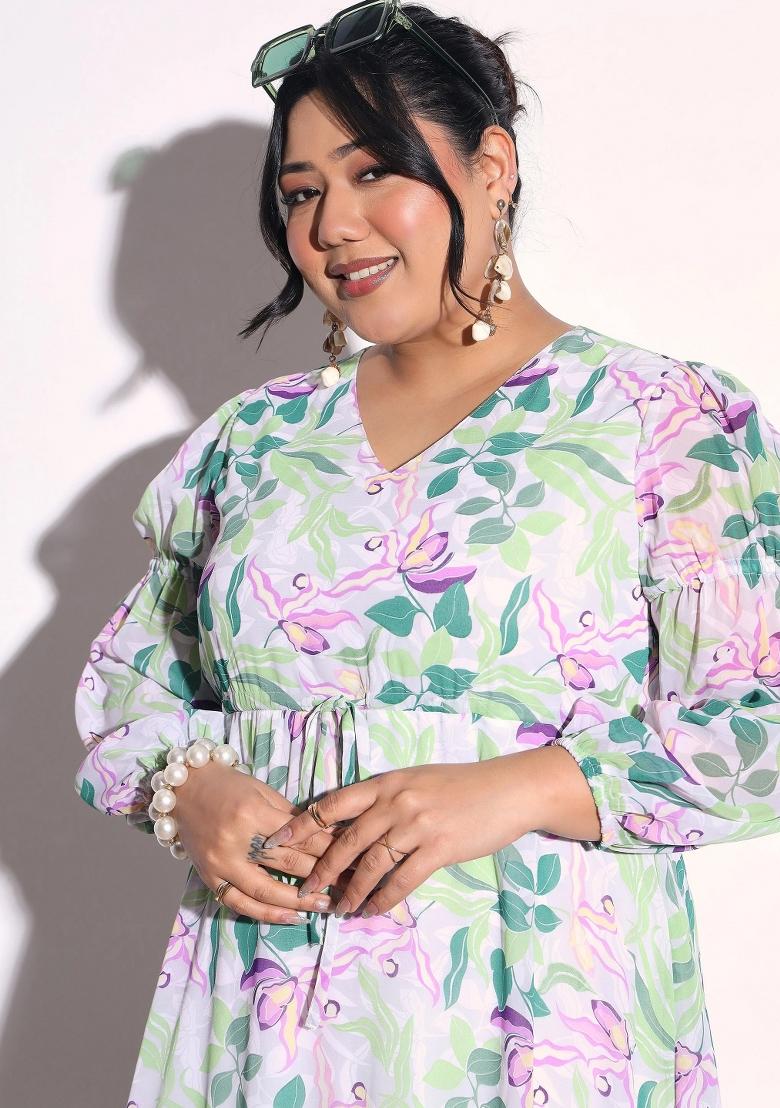 Green Printed Georgette Dress - Indya