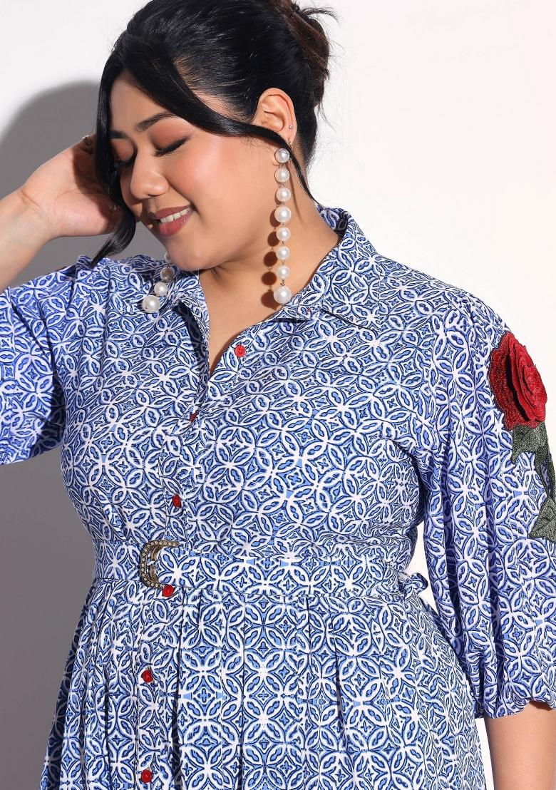 Blue Printed Polyester Dress - Indya