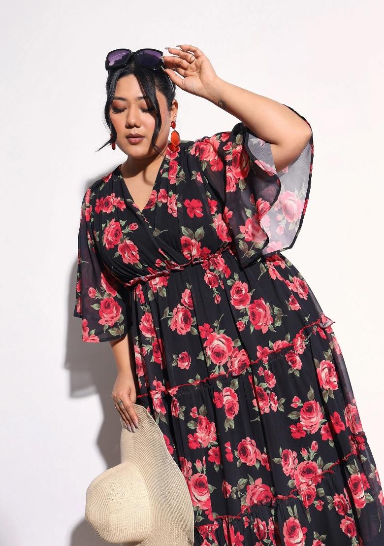 Black Printed Georgette Dress - Indya