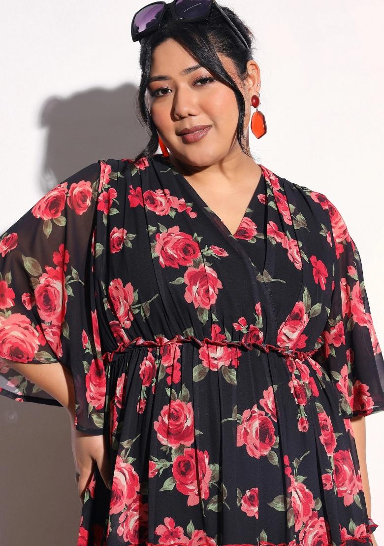 Black Printed Georgette Dress - Indya