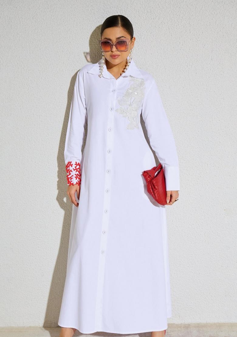 White Solid Poplin Dress - Indya