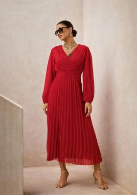 Red Solid Georgette Dress