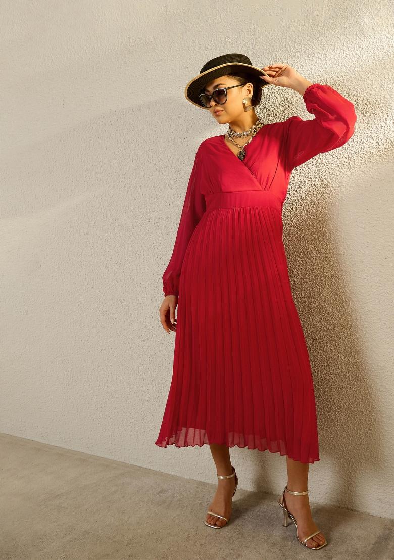 Red Solid Georgette Dress - Indya