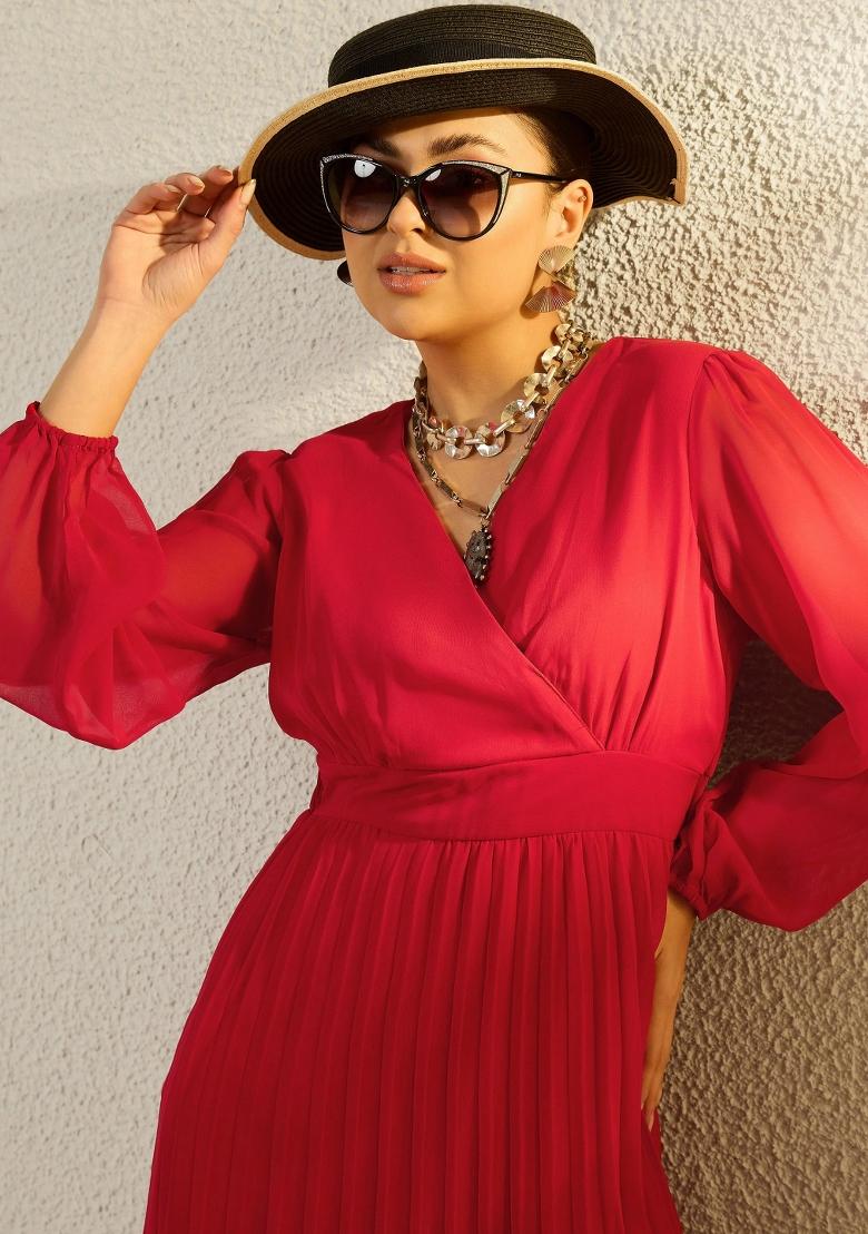 Red Solid Georgette Dress - Indya