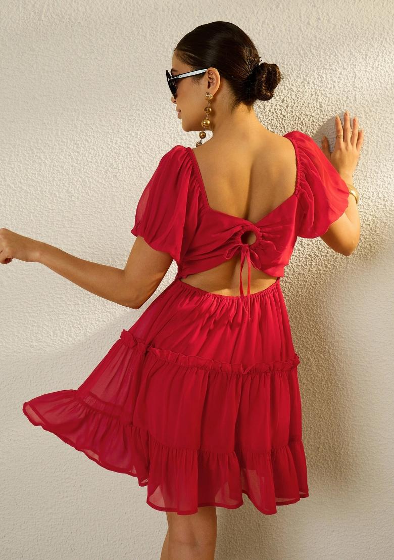 Red Solid Georgette Dress - Indya