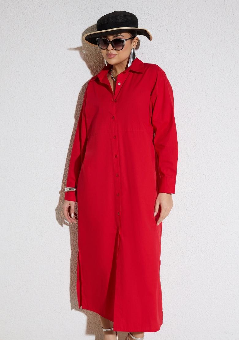 Red Solid Poplin Dress - Indya