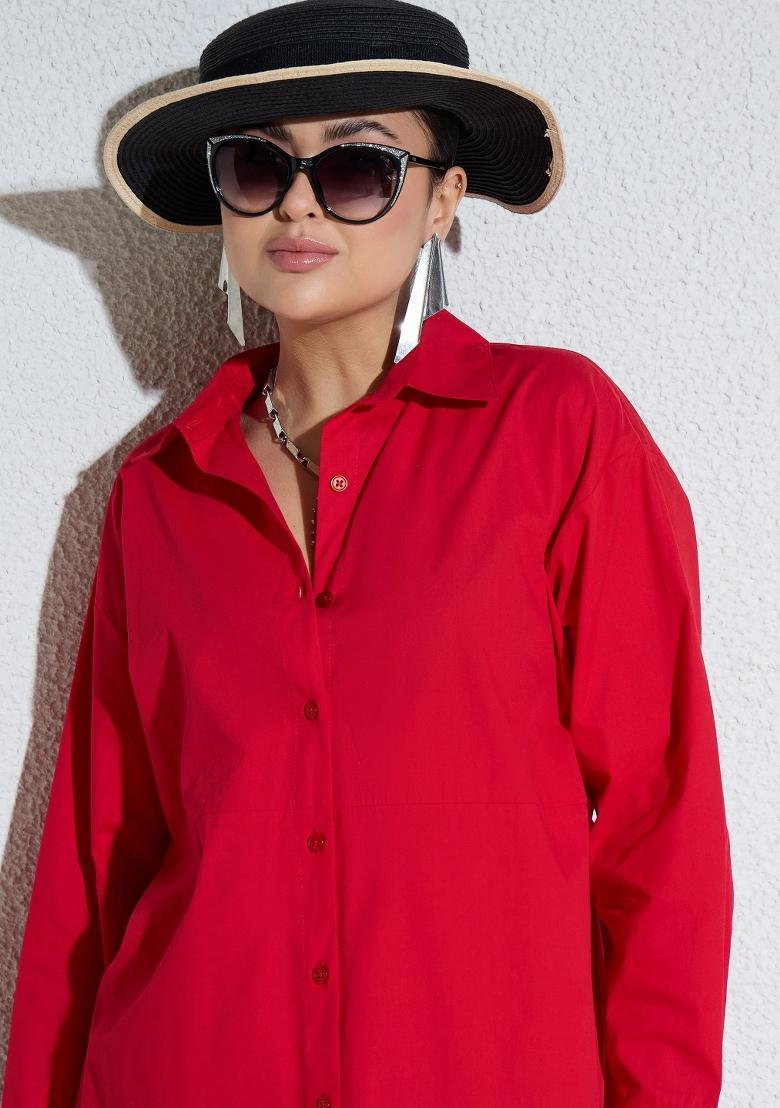 Red Solid Poplin Dress - Indya