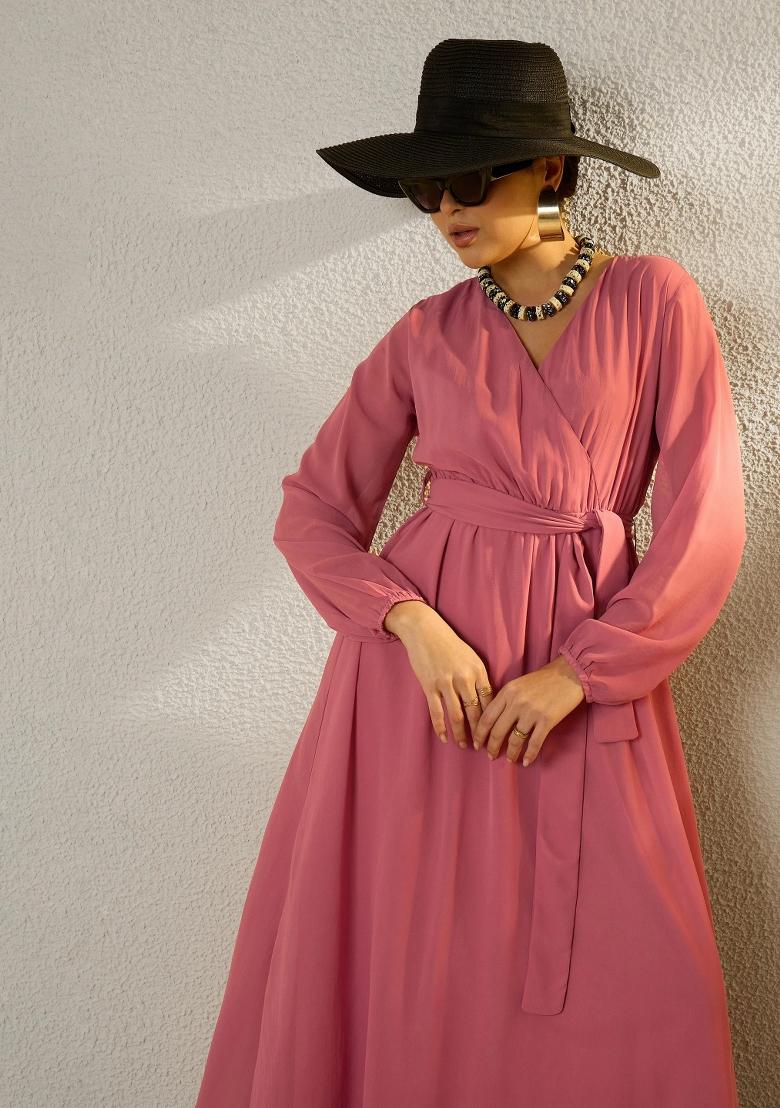 Pink Solid Georgette Dress - Indya