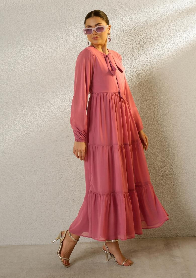Pink Solid Georgette Dress - Indya