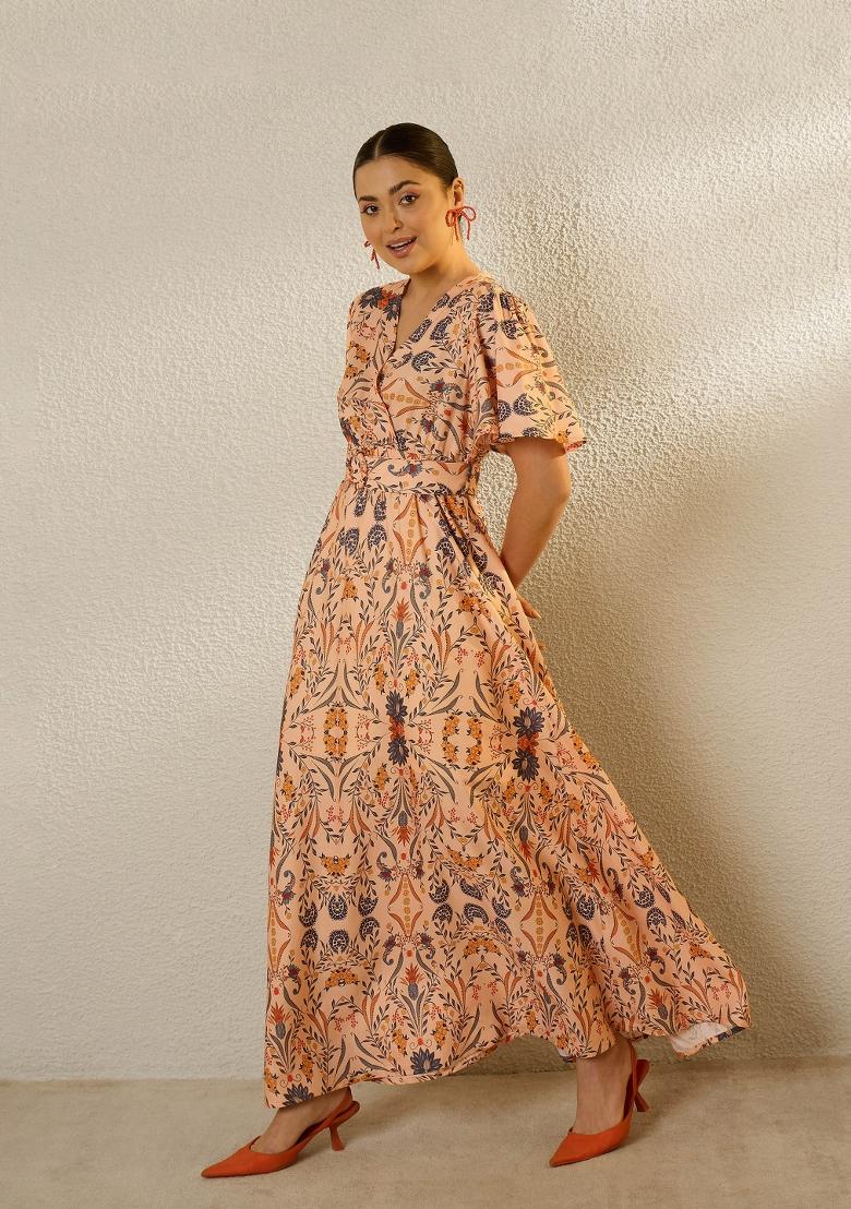 Peach Printed Polyester Dress - Indya
